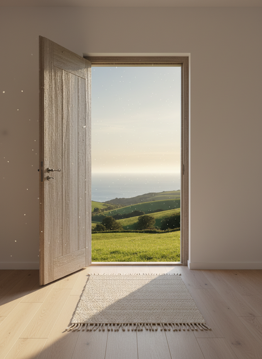 A sturdy, open wooden door with a slightly weathered texture stands in a white, minimalist interior wall, revealing a sunlit landscape of rolling hills and a distant calm sea beyond. The floor inside is smooth, pale oak, with a simple woven rug leading toward the doorway, its fibers clearly visible. Late afternoon light pours in through the opening, casting a warm, elongated rectangle of brightness onto the floor and highlighting dust motes in the air. Shot from an eye-level perspective inside the room, the composition uses the rule of thirds, with the door off-center. Photographic realism and a serene, spacious atmosphere convey transformation, new possibilities, and stepping into a more empowered life.