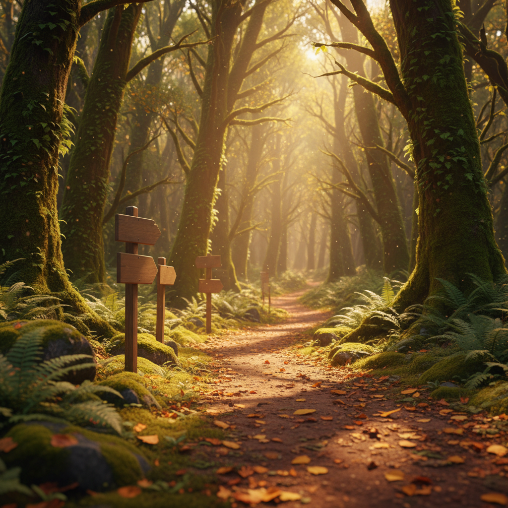 A winding forest path made of compacted earth and scattered leaves, gently curving into the distance between tall, moss-covered trees. Along one side of the path, small wooden signposts with empty, blank faces subtly suggest choices and direction without any text. Golden hour sunlight slants through the branches, casting long, soft shadows and illuminating floating dust particles, creating a warm, hopeful atmosphere. Photographed from a slightly low angle at the start of the trail, the foreground is in crisp focus while the background gradually softens into a dreamy blur. The mood is inviting and encouraging, symbolizing the journey back to oneself and the courage to take the next step.
